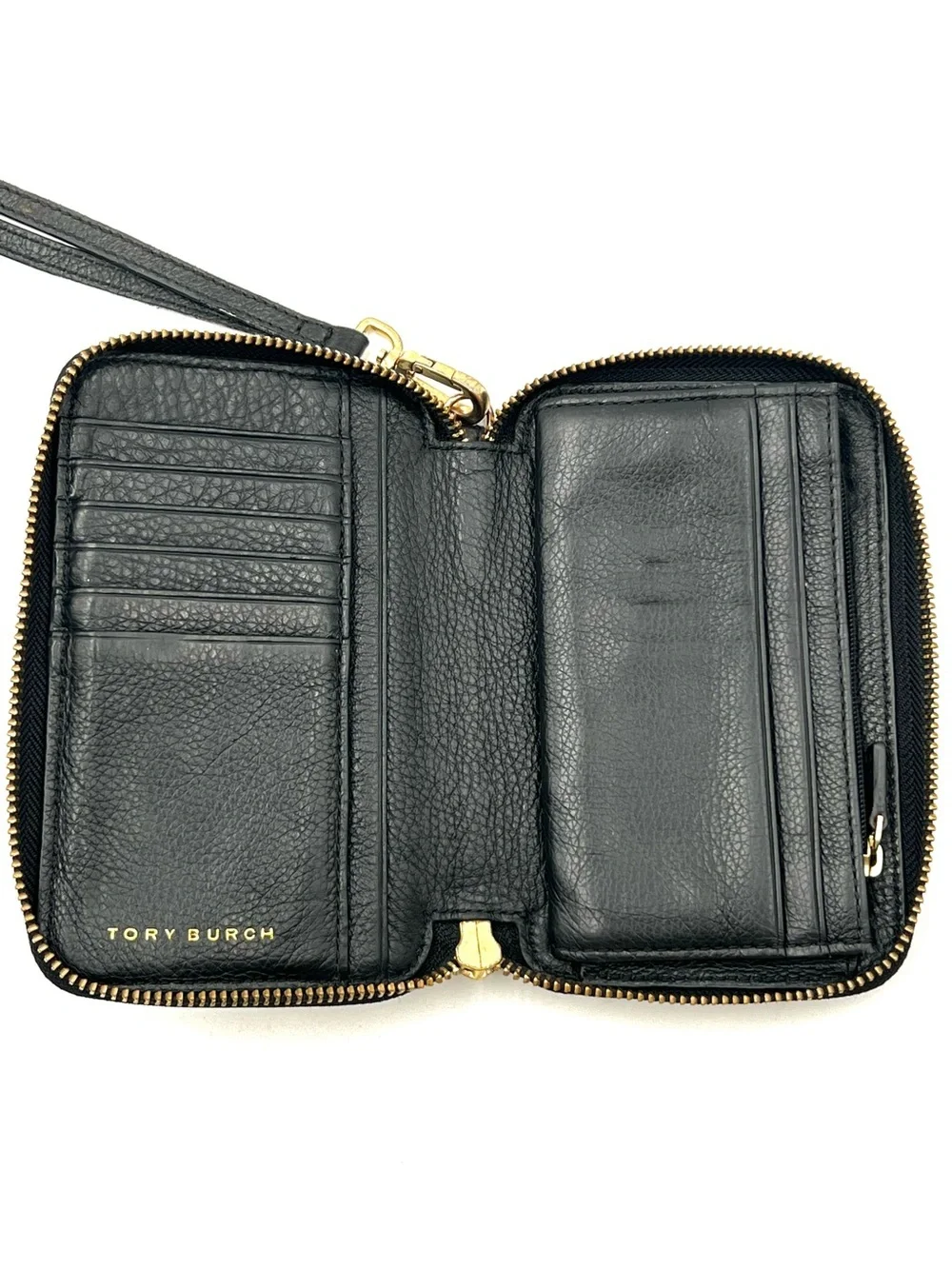 Tory Burch Thea Black Pebbled Leather Zip Around Wristlet Wallet Logo Clutch